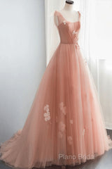Simple V Neck Pink Tulle Long Formal Prom Dresses Pink Tulle A Line Formal Dresses