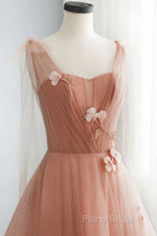 Simple V Neck Pink Tulle Long Formal Prom Dresses Pink Tulle A Line Formal Dresses