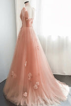 Simple V Neck Pink Tulle Long Formal Prom Dresses Pink Tulle A Line Formal Dresses