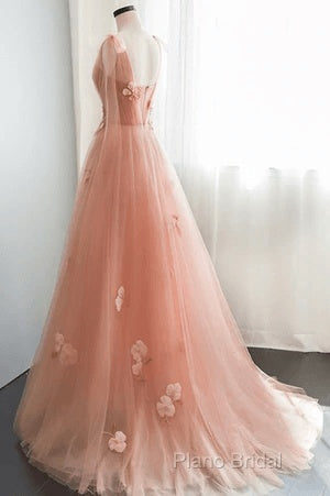 Simple V Neck Pink Tulle Long Formal Prom Dresses Pink Tulle A Line Formal Dresses
