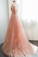 Simple V Neck Pink Tulle Long Formal Prom Dresses Pink Tulle A Line Formal Dresses