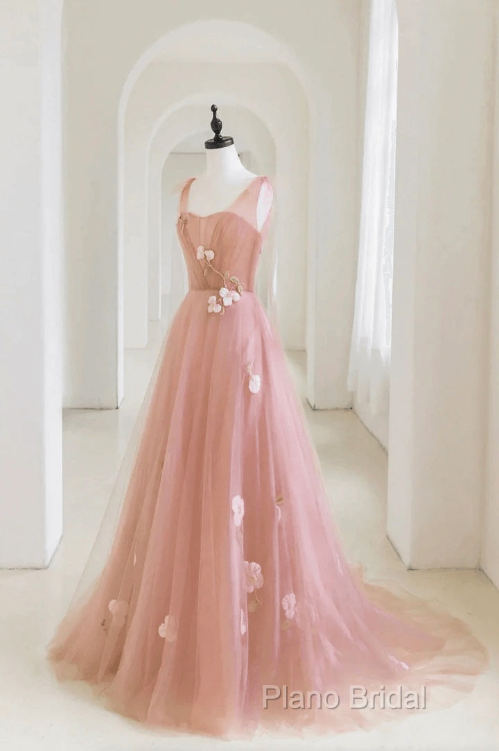Simple V Neck Pink Tulle Long Formal Prom Dresses Pink Tulle A Line Formal Dresses