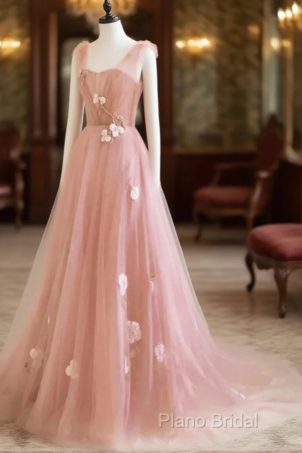 Simple V Neck Pink Tulle Long Formal Prom Dresses Pink Tulle A Line Formal Dresses Main image