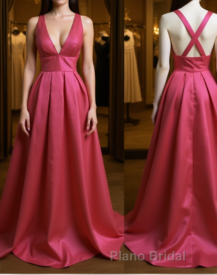 Simple V Neck Pleated Satin Long Formal Prom Dresses, V Neck Evening Dresses, Formal Dresses, Graduation Dresses
