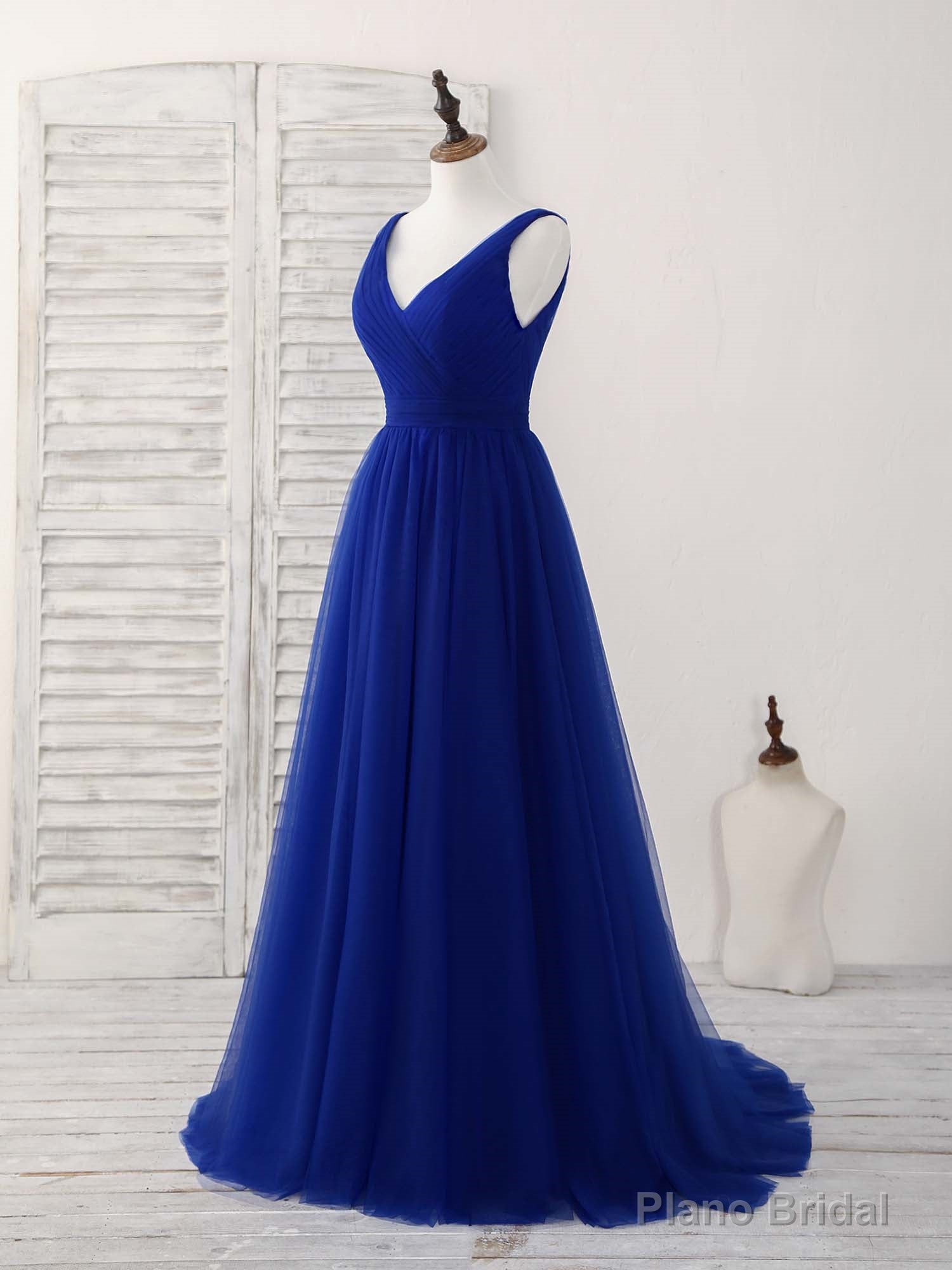 Simple V Neck Royal Blue Tulle Long Prom Dress Blue Evening Dress Secondary image