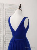 Simple V Neck Royal Blue Tulle Long Prom Dress Blue Evening Dress