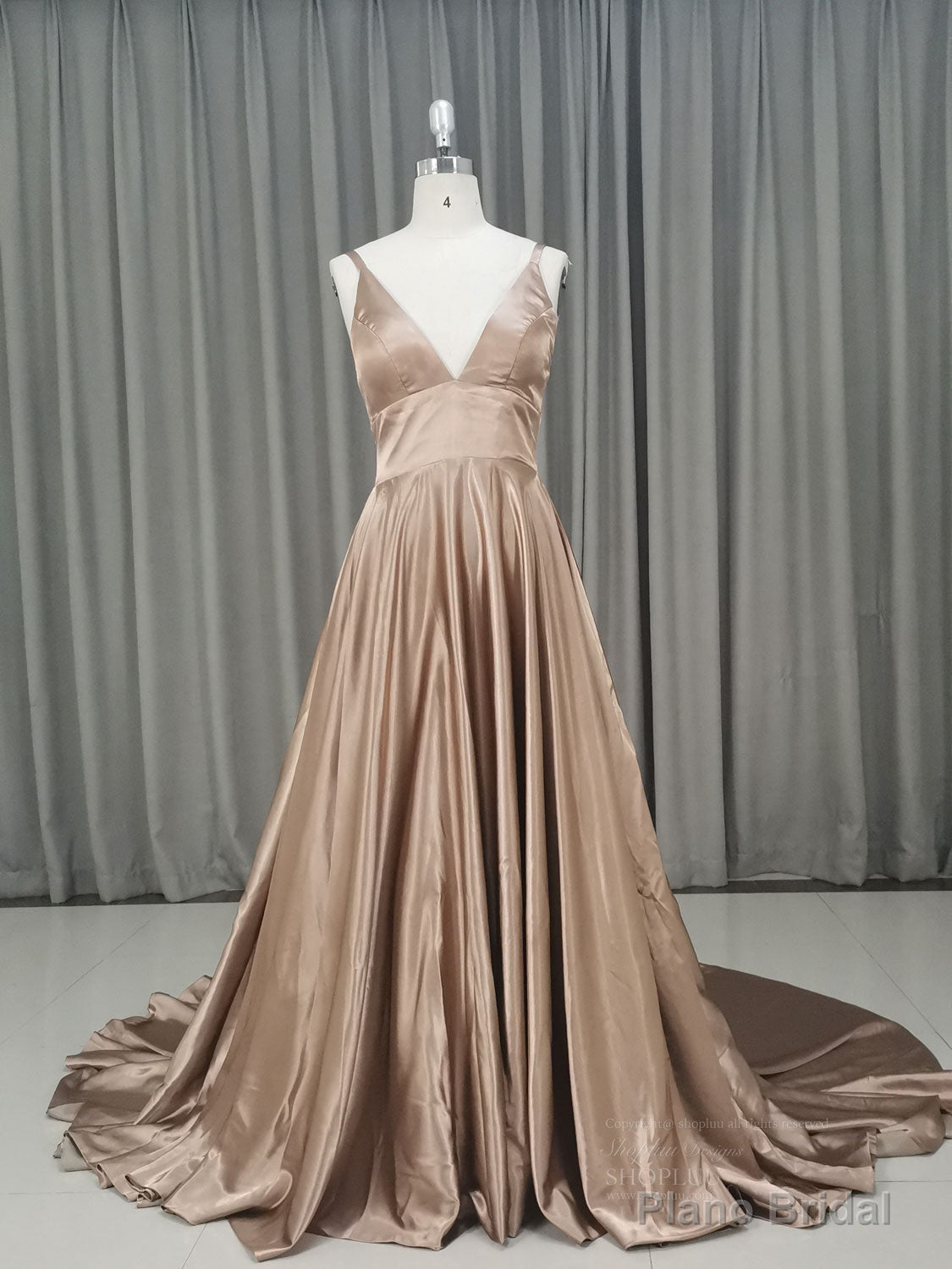 Simple v neck satin champagne long prom dress champagne evening dress Secondary image
