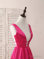 Simple V Neck Satin Long Prom Dress Backless Evening Dress