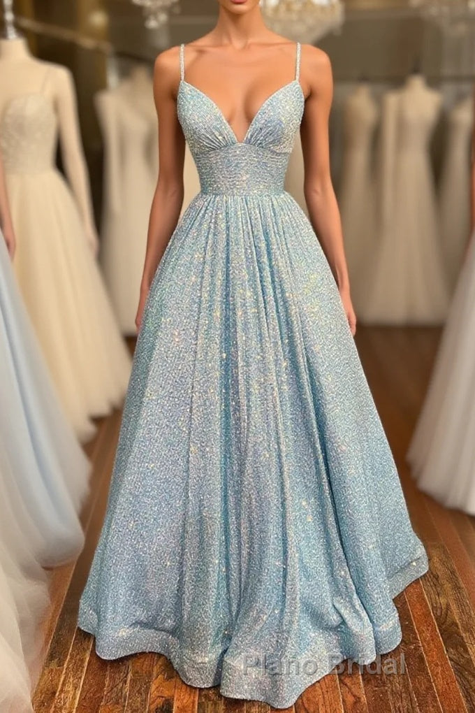 Simple v neck sequin long Formal Prom dress, blue sequin formal dress Main image