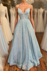 Simple v neck sequin long Formal Prom dress, blue sequin formal dress