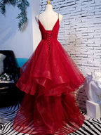 Simple V Neck Tulle Burgundy Long Prom Dress, Burgundy Formal Graduation Dresses