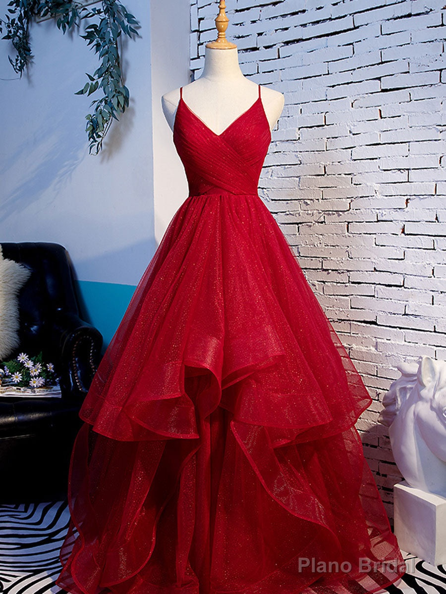 Simple V Neck Tulle Burgundy Long Prom Dress, Burgundy Formal Graduation Dresses Secondary image