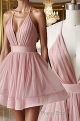 Simple v neck tulle pink short Formal Prom dress pink bridesmaid dress