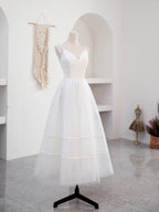 Simple V Neck Tulle Tea Length White Prom Dress, White Bridesmaid Dress