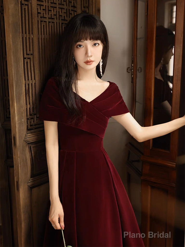 Simple V Neck Velvet Burgundy Long Prom Dress, Burgundy Long Formal Dress Secondary image
