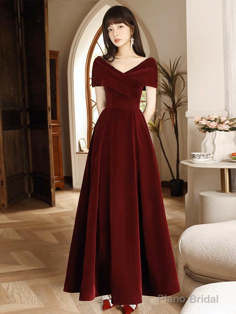 Simple V Neck Velvet Burgundy Long Prom Dress, Burgundy Long Formal Dress Main image