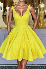Simple V Neck Yellow Short Formal Prom Dress, V Neck Yellow Homecoming Dress, Yellow Graduation Formal Evening Dress