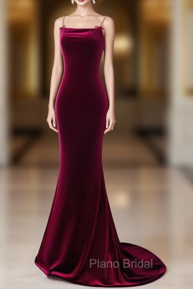 Simple Velvet Mermaid Burgundy Long Formal Prom Dresses, Burgundy Long Formal Dresses Main image