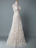 Simple Wedding Dresses Lace A Line V Neck Sleeveless Beaded Floor Length Feather Bridal Gowns