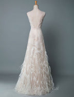 Simple Wedding Dresses Lace A Line V Neck Sleeveless Beaded Floor Length Feather Bridal Gowns