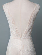 Simple Wedding Dresses Lace A Line V Neck Sleeveless Beaded Floor Length Feather Bridal Gowns