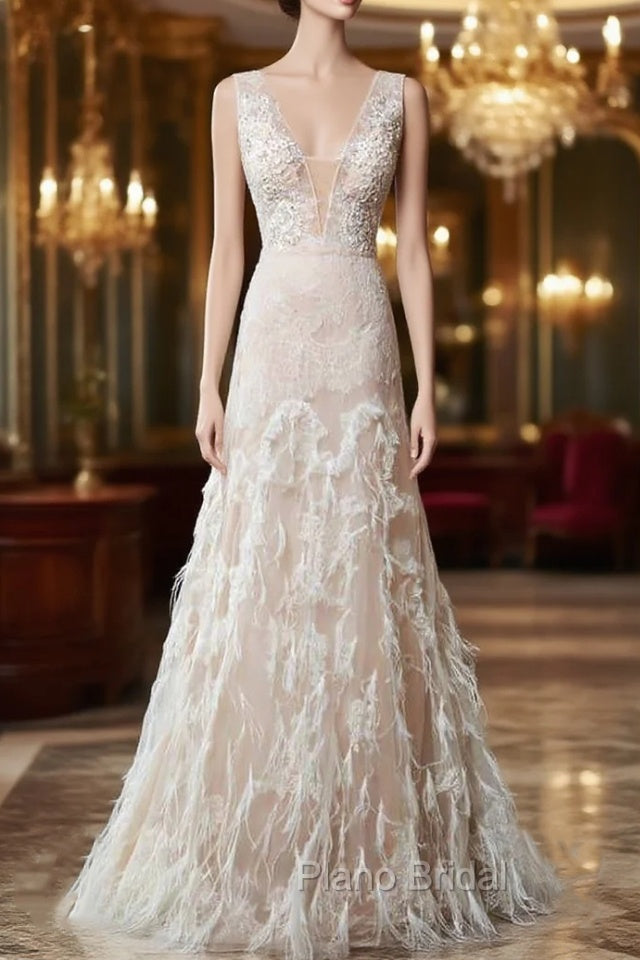 Simple Wedding Dresses Lace A Line V Neck Sleeveless Beaded Floor Length Feather Bridal Gowns