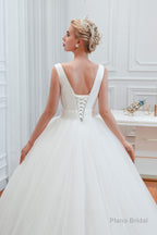 Simple White A Line V Neck Open Back Tulle Wedding Dresses