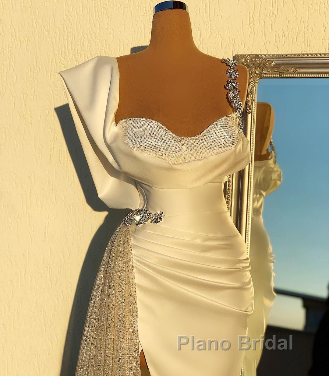 Simple White Long Mermaid Spaghetti Straps Beading Tulle Formal Prom Dress With Slit