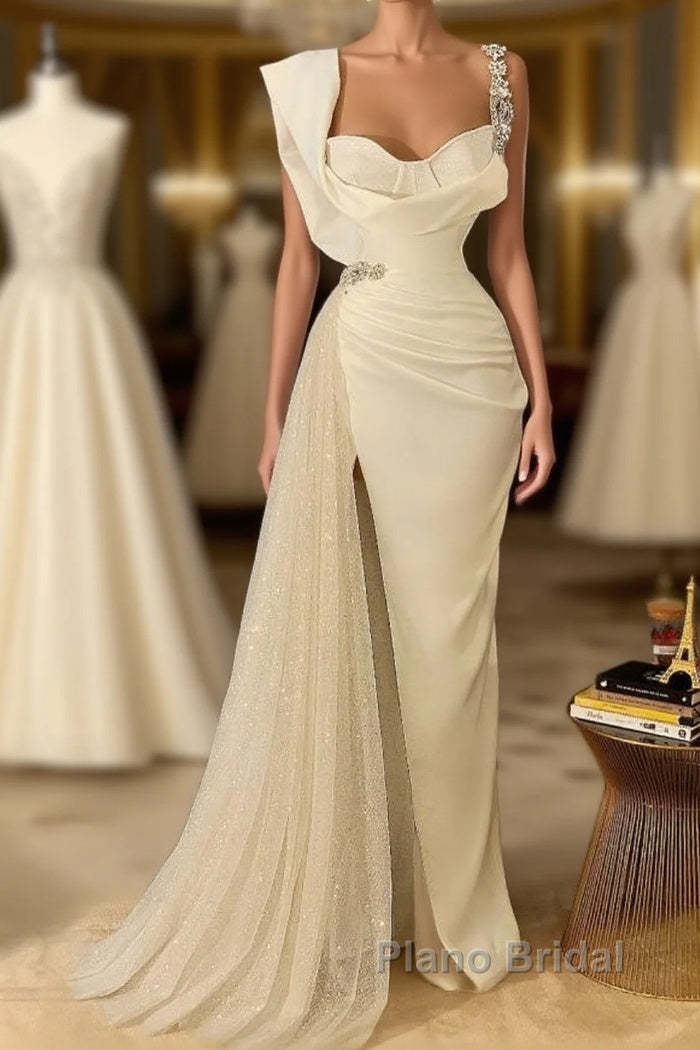 Simple White Long Mermaid Spaghetti Straps Beading Tulle Formal Prom Dress With Slit Main image