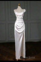 Simple White Mermaid Satin Strapless Pleats Wedding Dresses