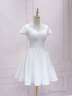 Simple White V Neck Lace Short Prom Dress, White Bridesmaid Dress