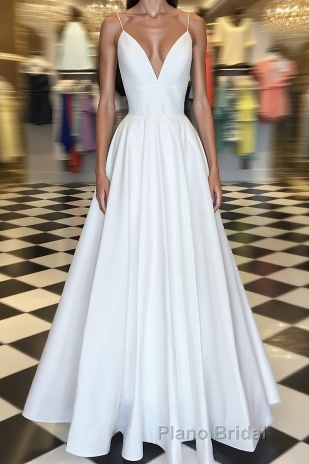 Simple white v neck satin long Formal Prom dress white evening dress