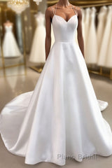 Simple white v neck satin long wedding dress white bridal dress