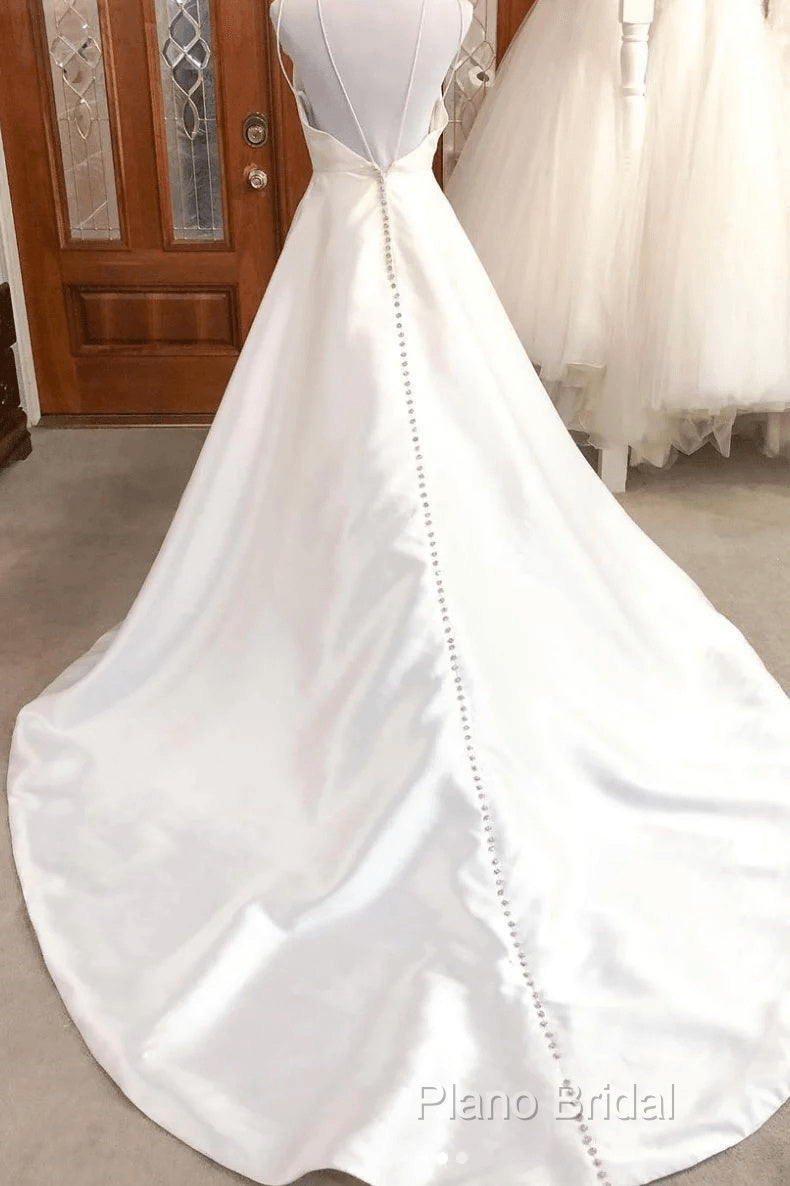 Simple White V Neck Satin Long Wedding Dresses White Bridal Dresses Secondary image