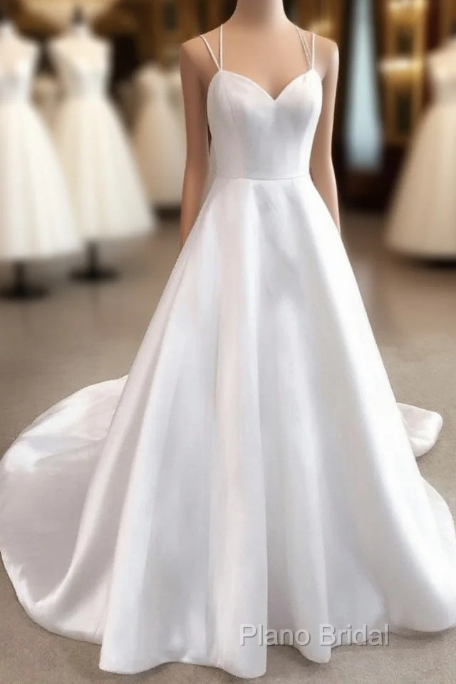 Simple White V Neck Satin Long Wedding Dresses White Bridal Dresses