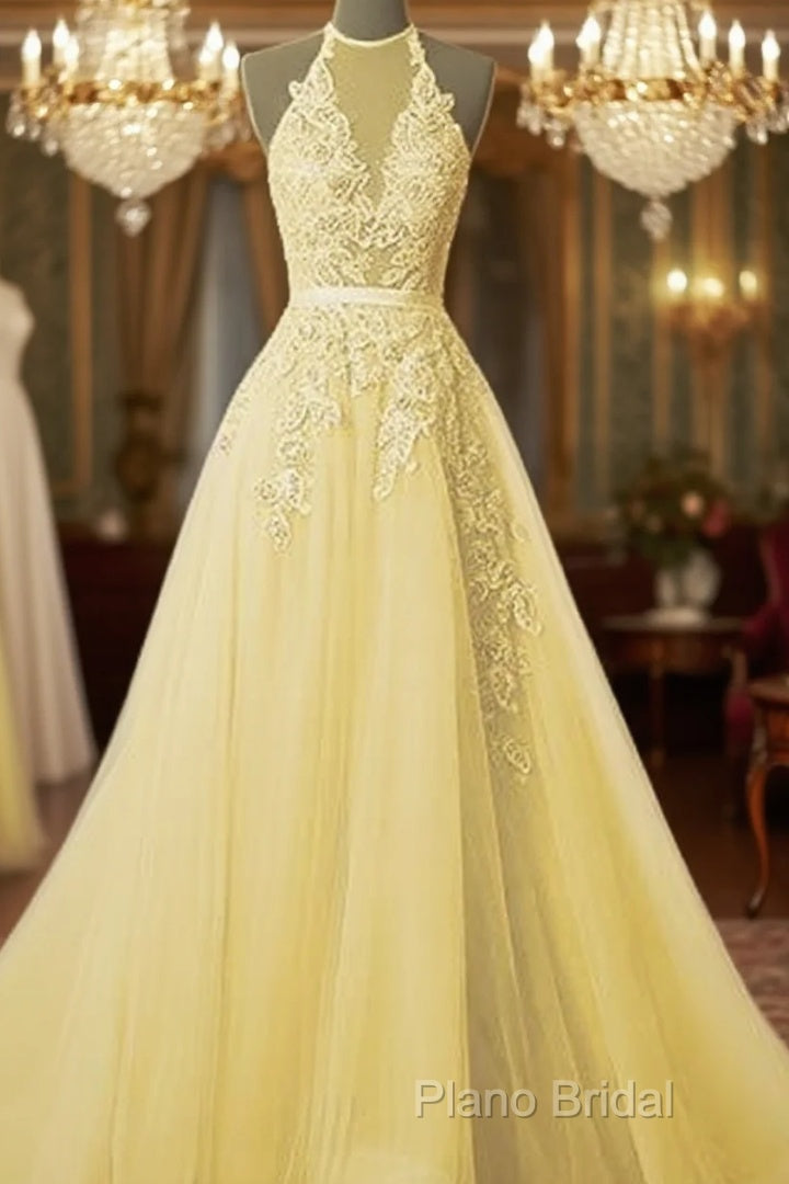 Simple Yellow Lace Formal Prom Dresses With Beading Main image