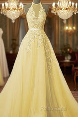 Simple Yellow Lace Formal Prom Dresses With Beading