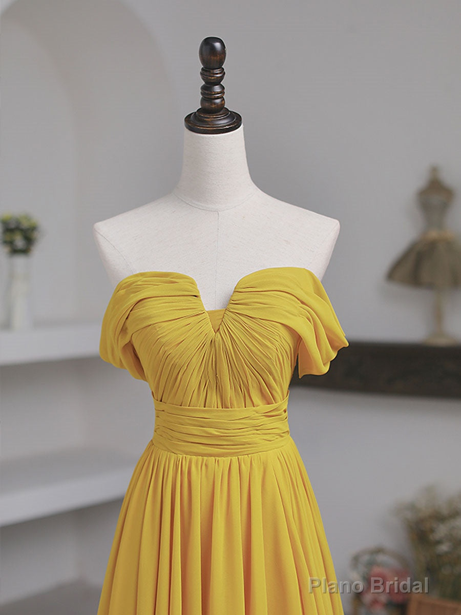 Simple Yellow Off Shoulder Long Prom Dress, Yellow Chiffon Graduation Dresses