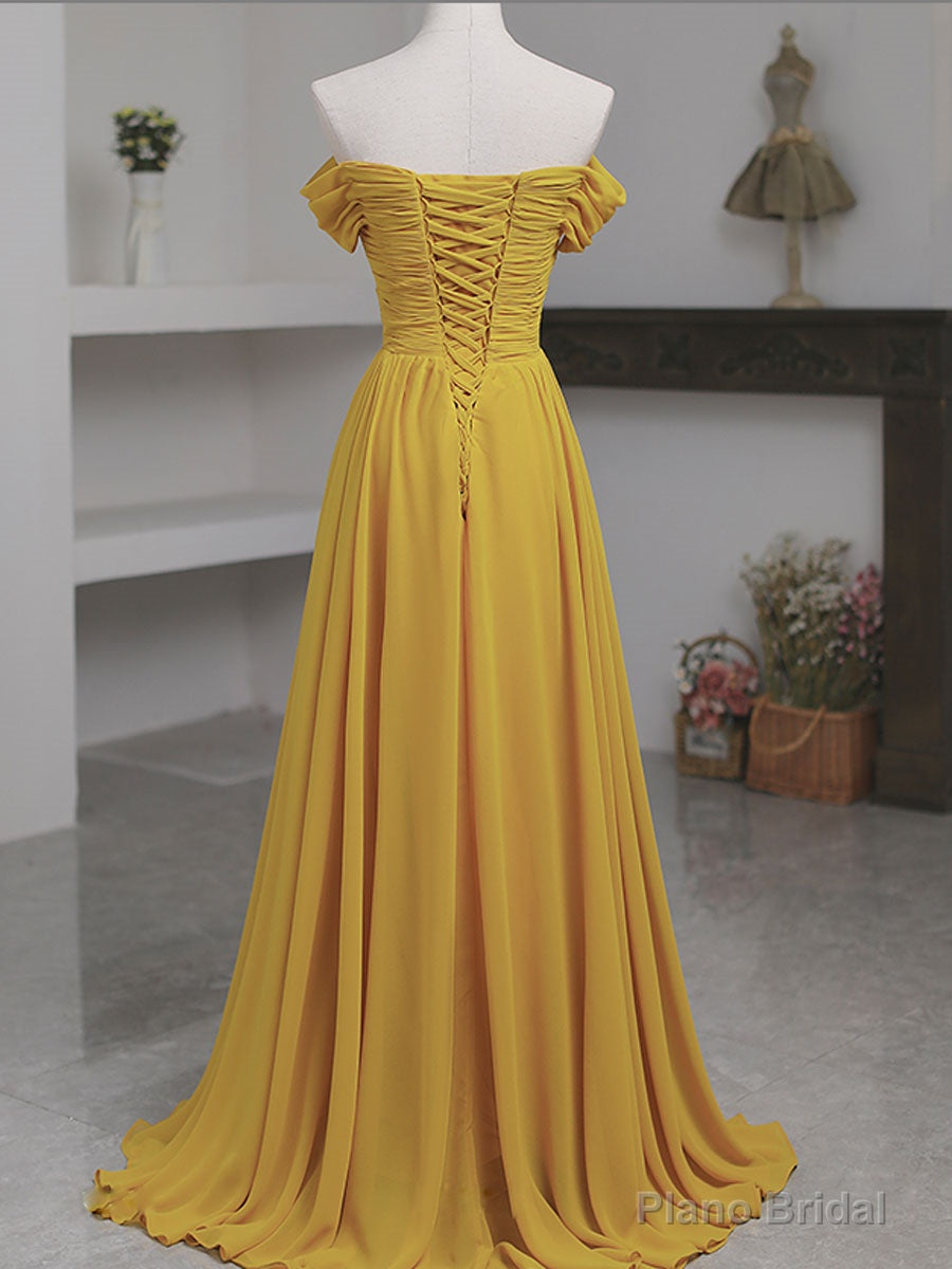 Simple Yellow Off Shoulder Long Prom Dress, Yellow Chiffon Graduation Dresses