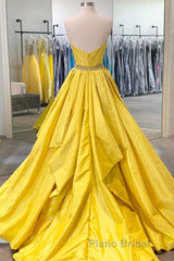 Simple yellow satin long Formal Prom dress yellow evening dress