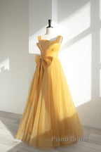 Simple Yellow Tulle Long Formal Prom Dresses, Yellow Tulle Formal Dresses