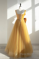 Simple Yellow Tulle Long Formal Prom Dresses, Yellow Tulle Formal Dresses