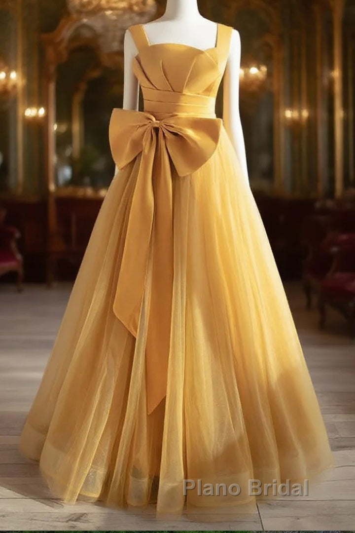 Simple Yellow Tulle Long Formal Prom Dresses, Yellow Tulle Formal Dresses