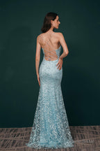 Sky Blue Backless Long Lace Spaghetti Straps Prom Dresses