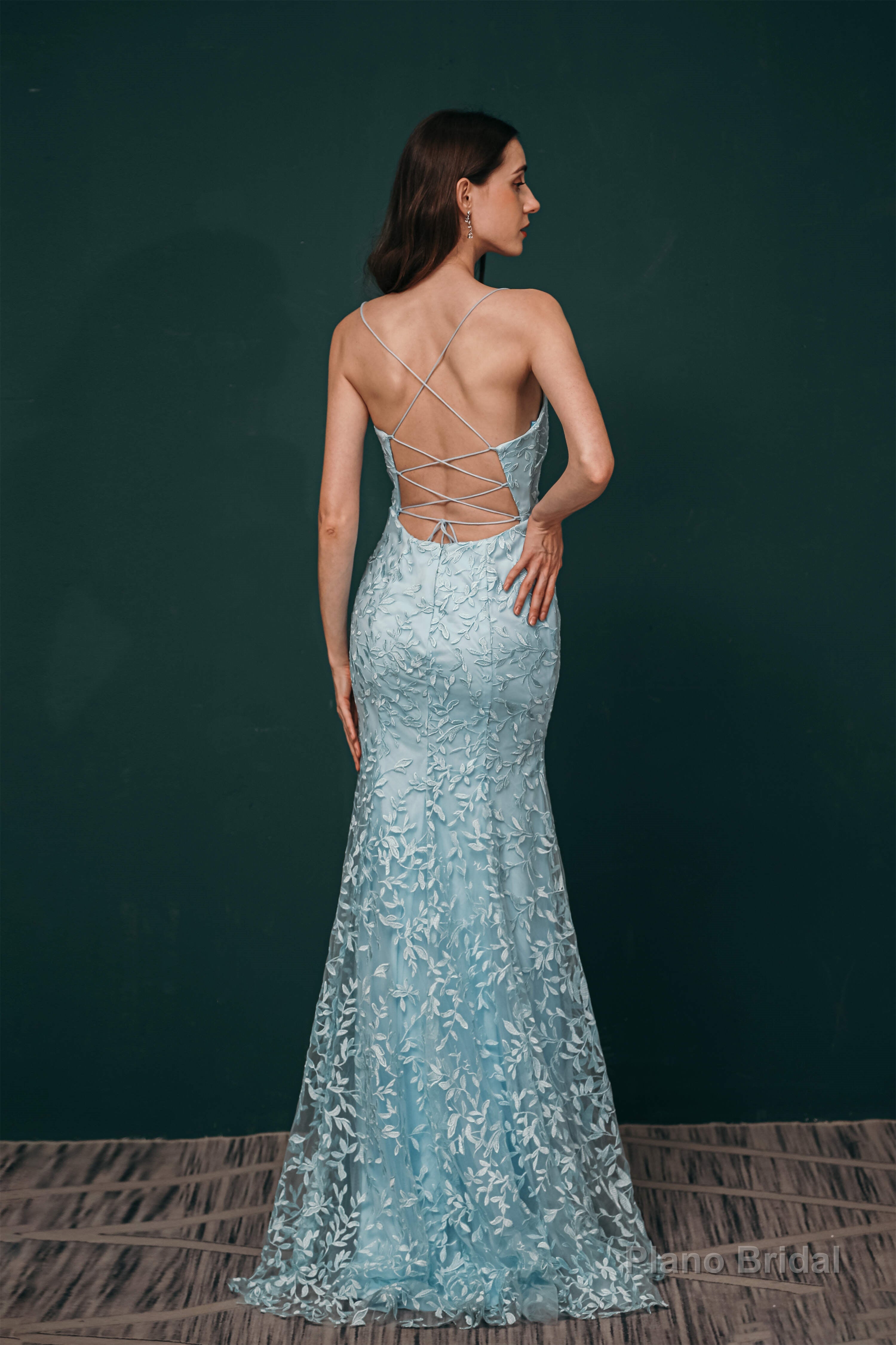 Sky Blue Backless Long Lace Spaghetti Straps Prom Dresses