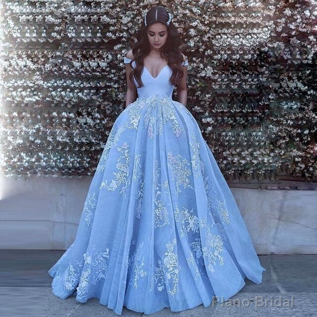 Sky Blue Ball Gown Lace Appliqued Off the Shoulder Quinceanera Dress Main image
