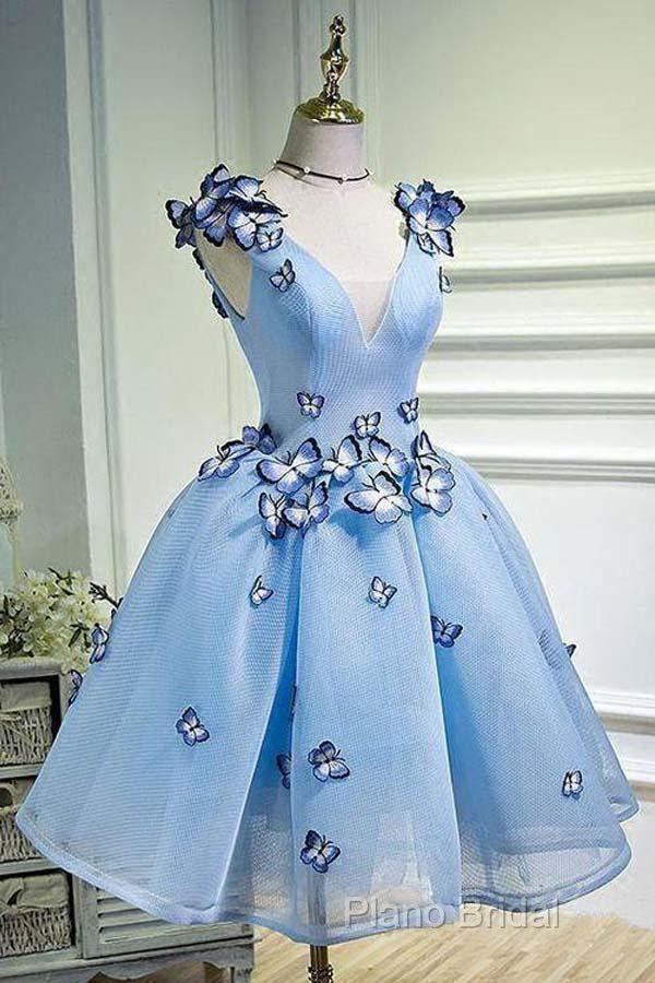 Sky Blue Homecoming Dresses Butterfly Applique Short Formal Prom Dresses