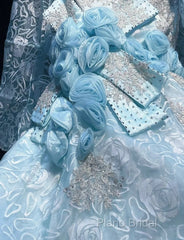 Sky Blue Mermaid Spaghetti Straps Organza Diamond Long Formal Prom Dresses Lace Floral Formal Gown