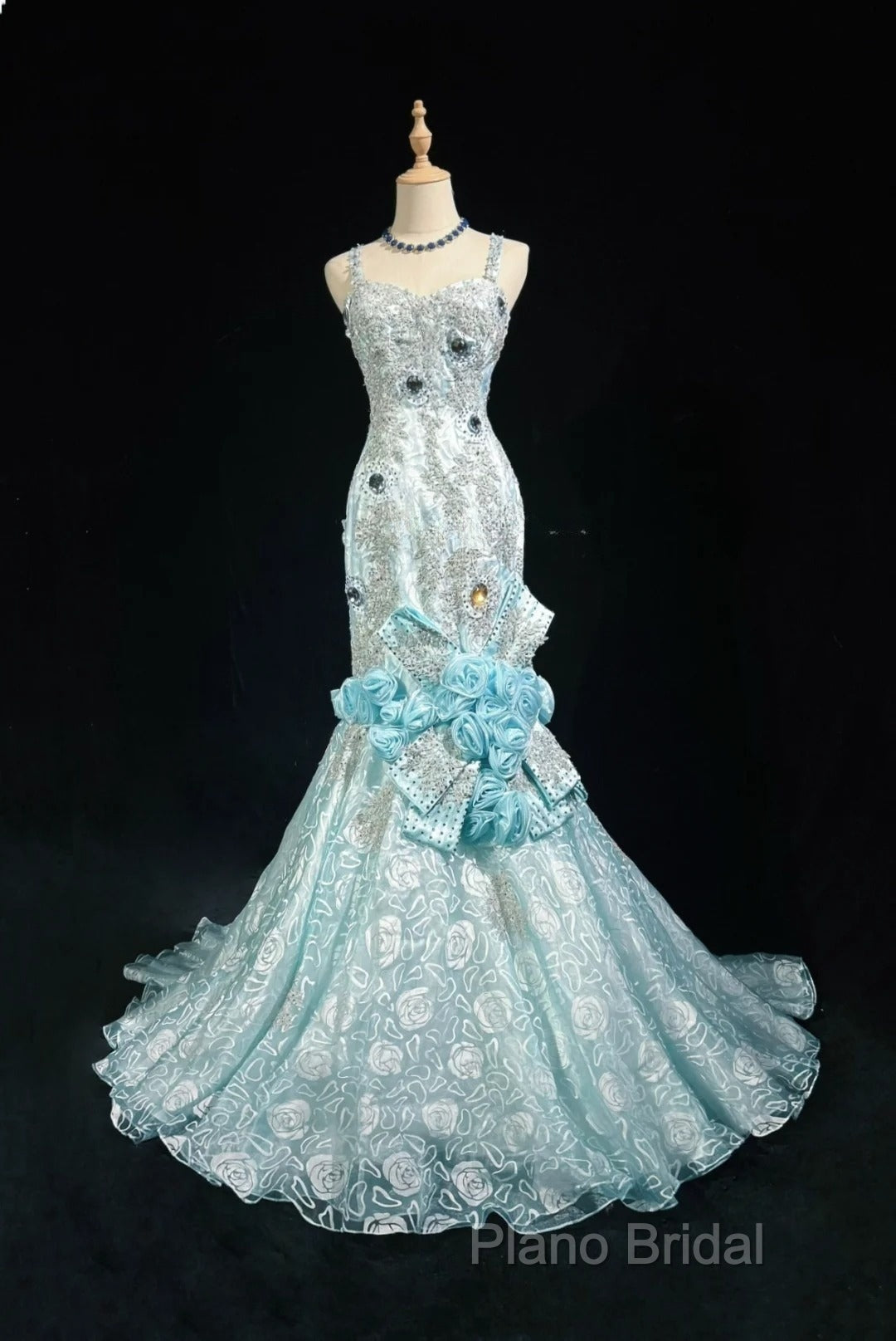 Sky Blue Mermaid Spaghetti Straps Organza Diamond Long Formal Prom Dresses Lace Floral Formal Gown