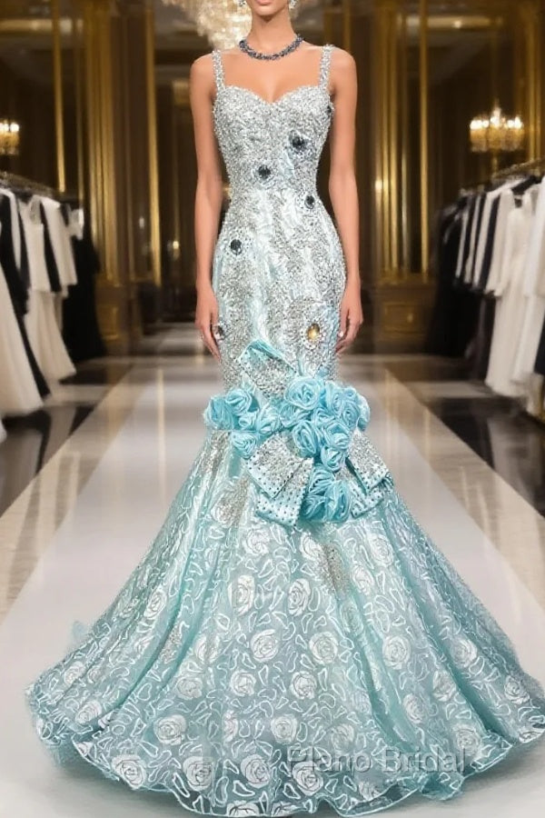 Sky Blue Mermaid Spaghetti Straps Organza Diamond Long Formal Prom Dresses Lace Floral Formal Gown Main image